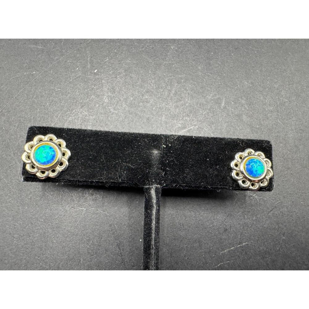 Vintage Silver Tone Faux Blue Opal Flower Shape Earrings